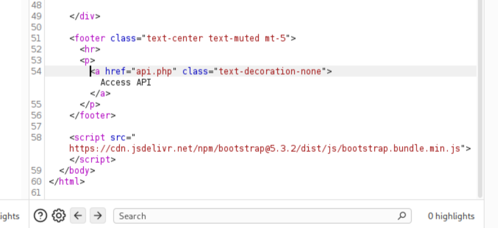 Burp response body showing /api.php endpoint